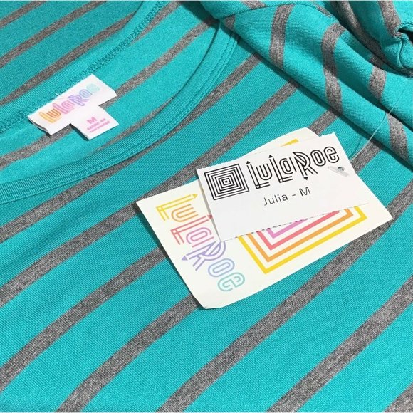 LuLaRoe Julia / Pencil Sheath Stretch Fabric Dress / Teal Gray Stripe / Size M - Picture 3 of 4